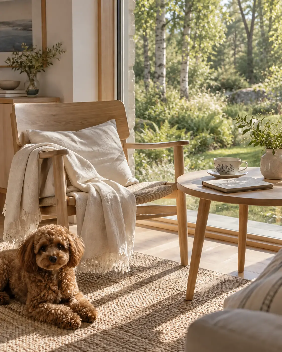 緑豊かな北欧風の部屋に置かれたジャーナルと紅茶、そのそばに座る小さな犬